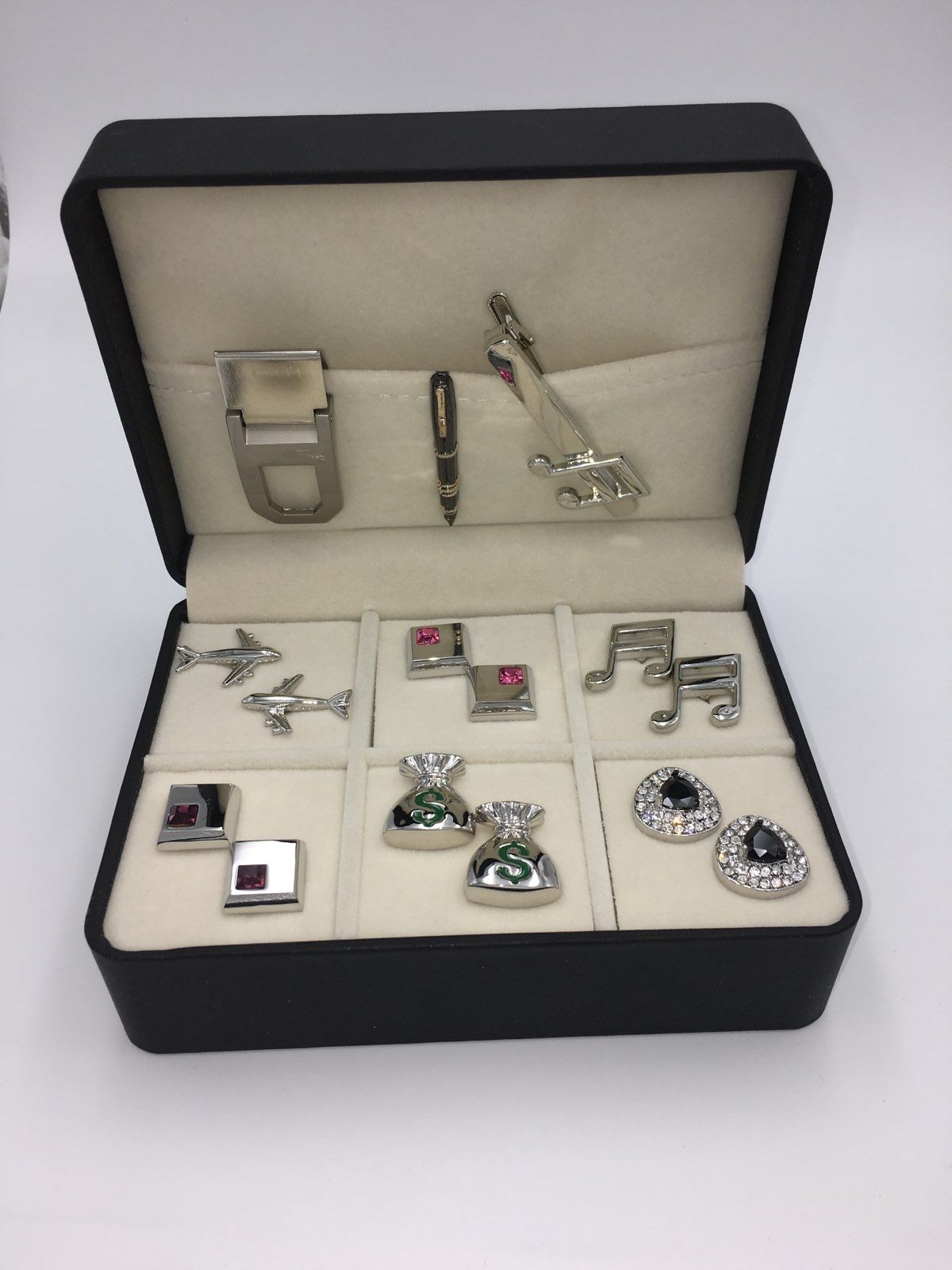 The Lind Box 6 Different Pairs of Cufflinks, Money Clip and a Tie Bars