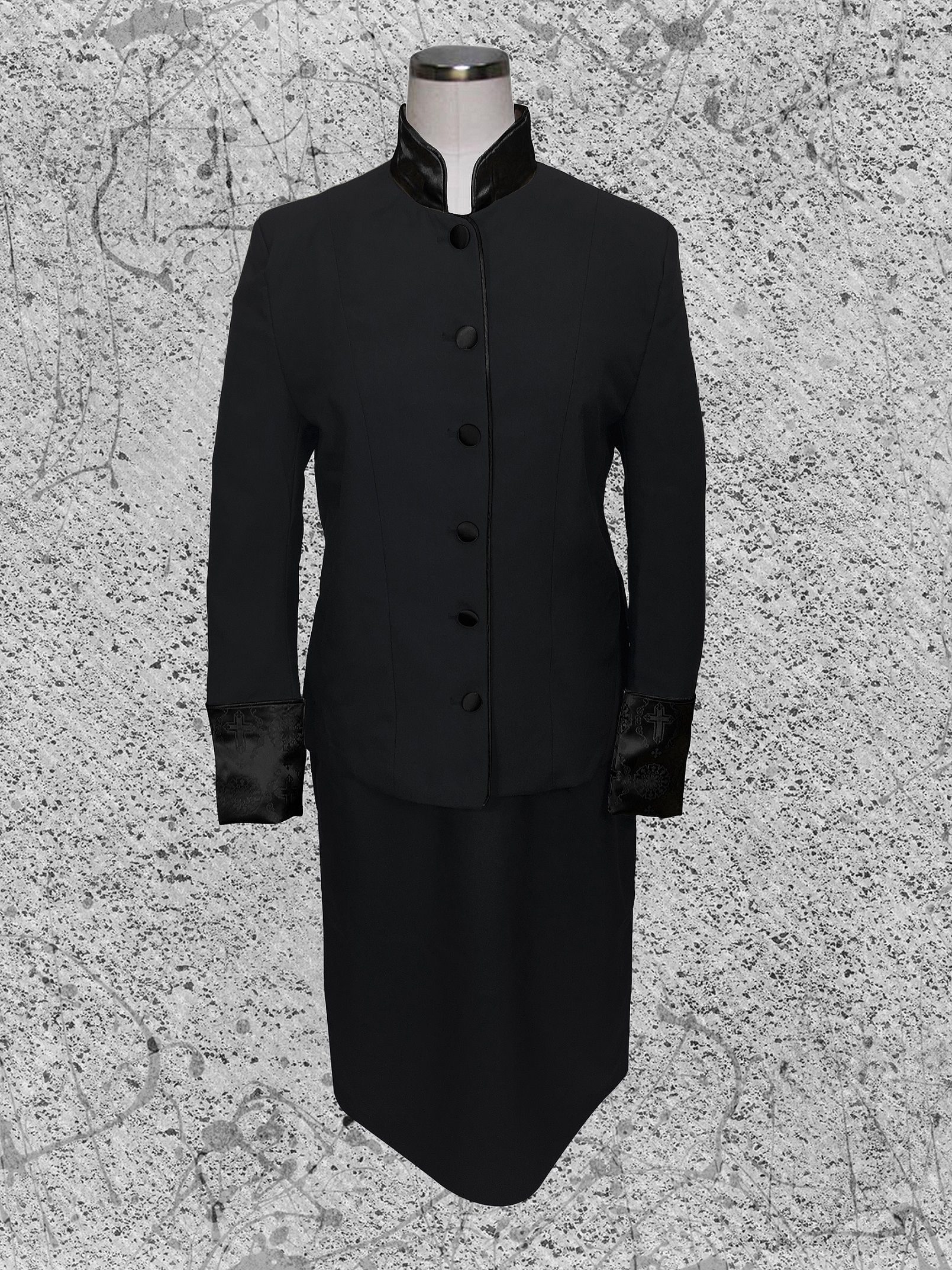 731 W. Women's 2 Pc. Clergy Suit Black with Double Tone Black Brocade