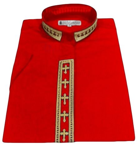 769. Women's Short-Sleeve Clergy Shirt With Fine Embroidery - Red/Gold
