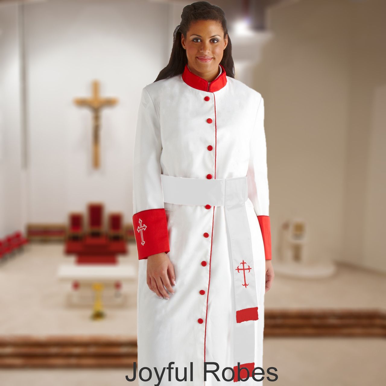 355 W. Women's Pastor/Clergy Robe - White/Red Cuff Matching Cincture Set
