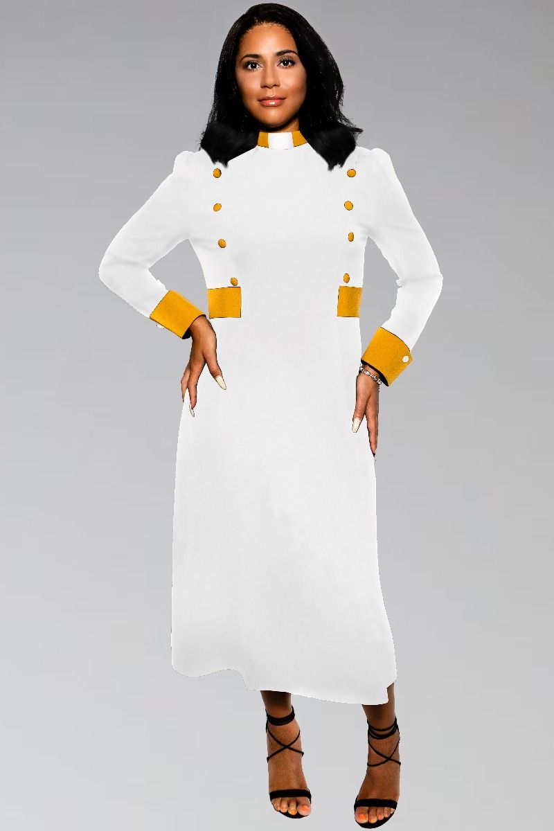 Custom Womens Clergy Dress in White and Gold Custom Contrast