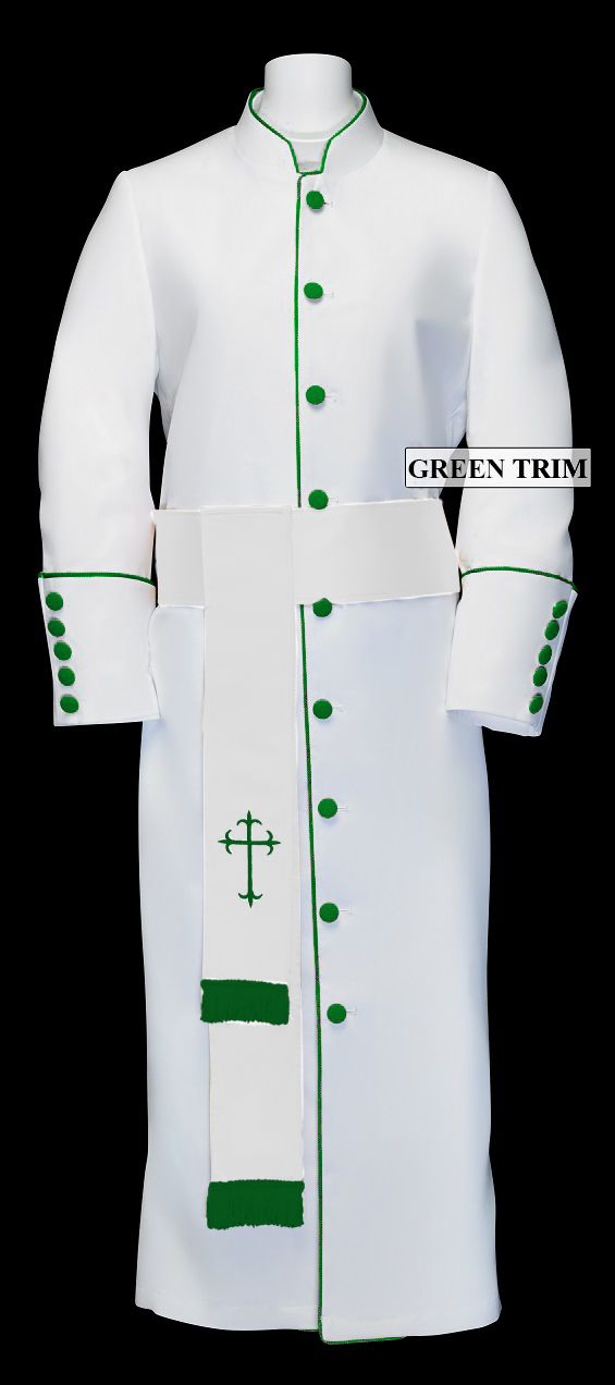 193 M. Men's Pastor/Clergy Robe - White/Emerald Matching Cincture Set