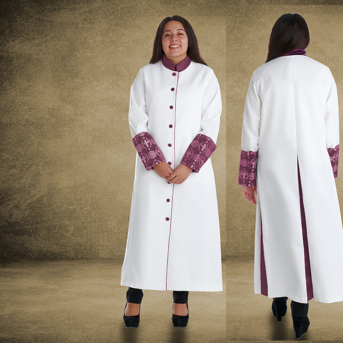 814 W. Women's Premium Clergy/Pastor Robe - White/Purple with Fancy Pleats