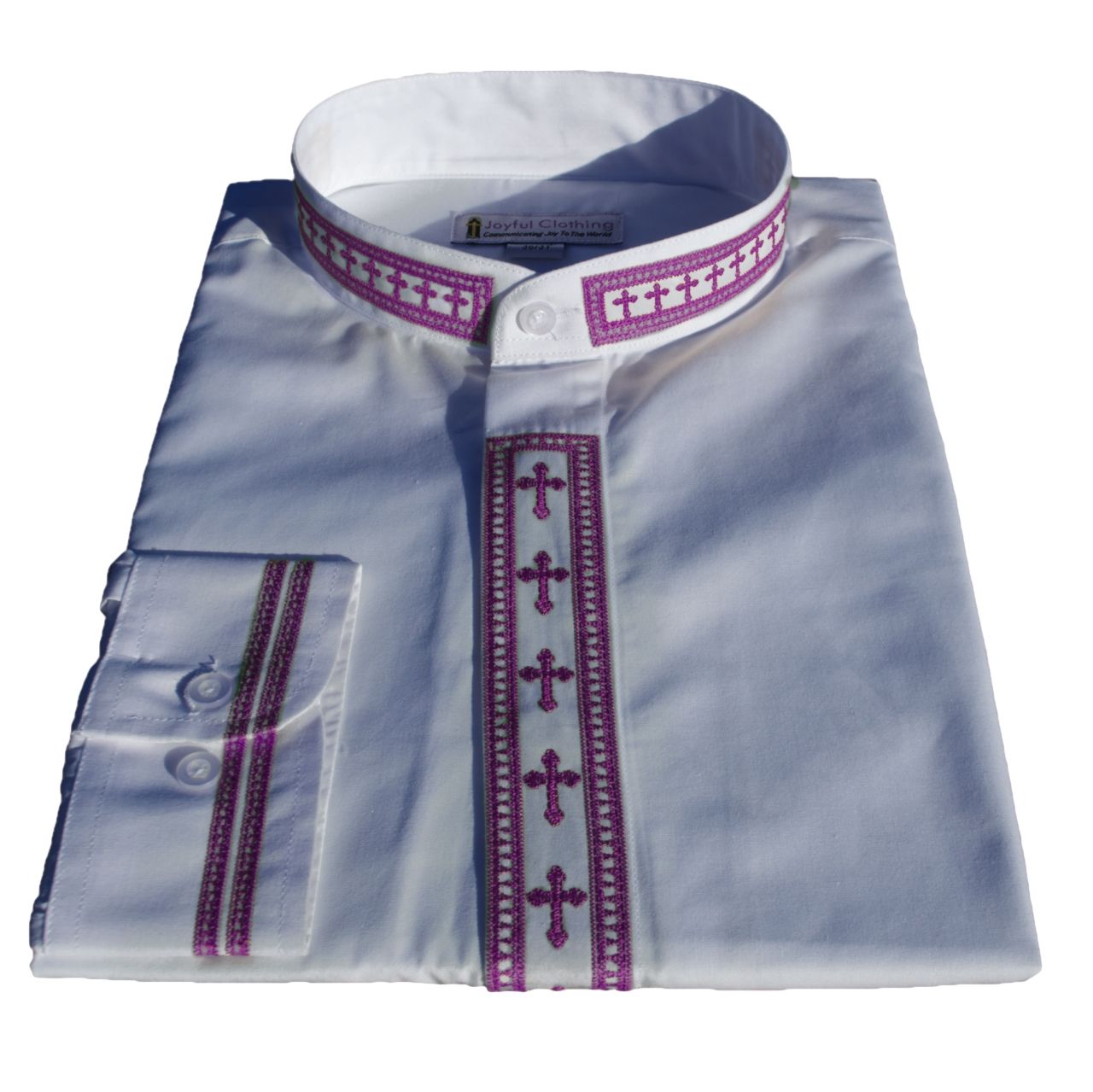 317. Men's Long-Sleeve Clergy Shirt With Fine Embroidery - White/Purple