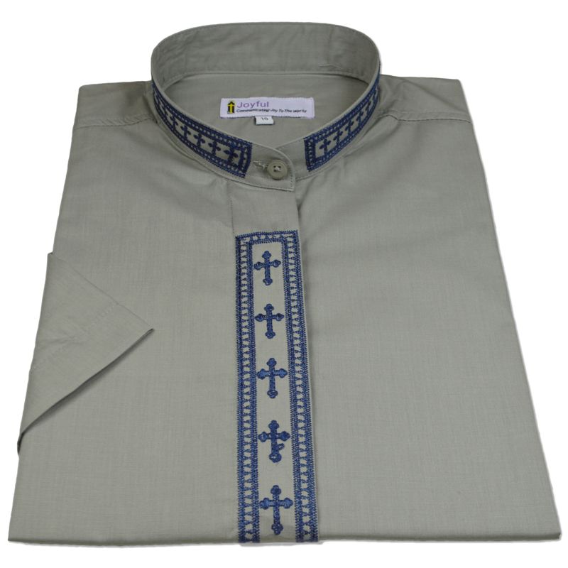 363. Men's Short-Sleeve Clergy Shirt With Fine Embroidery - Silver/Navy