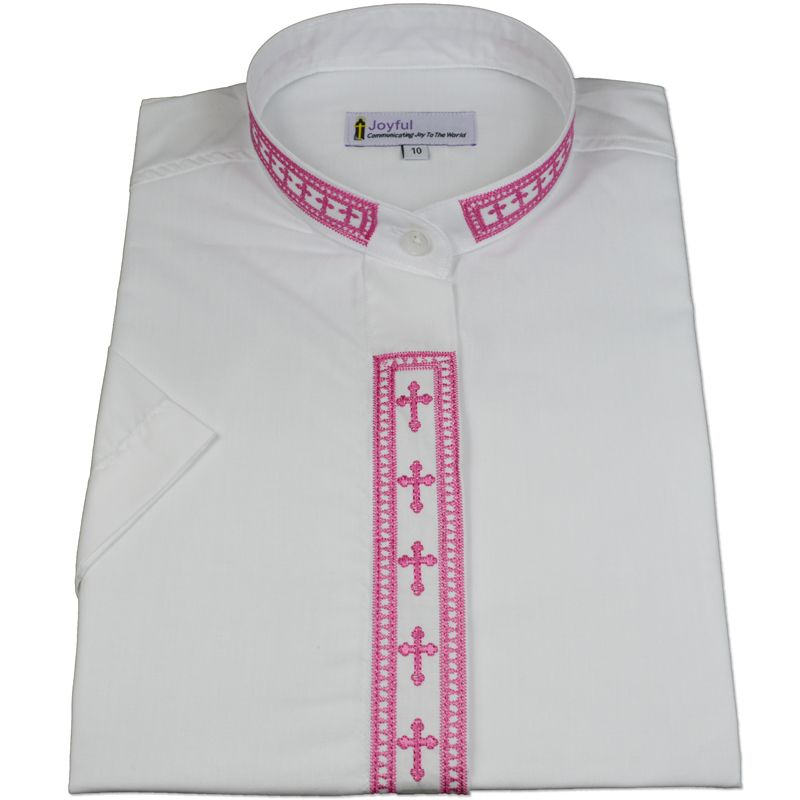 358. Men's Short-Sleeve Clergy Shirt With Fine Embroidery - White/Fuchsia