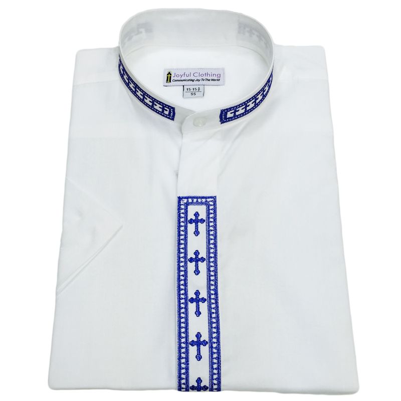 360. Men's Short-Sleeve Clergy Shirt With Fine Embroidery - White/Royal
