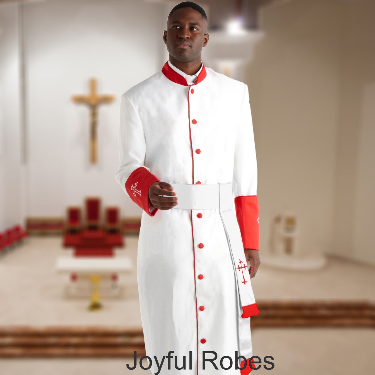 355 M. Men's Pastor/Clergy Robe - White/Red Cuff Matching Cincture Set