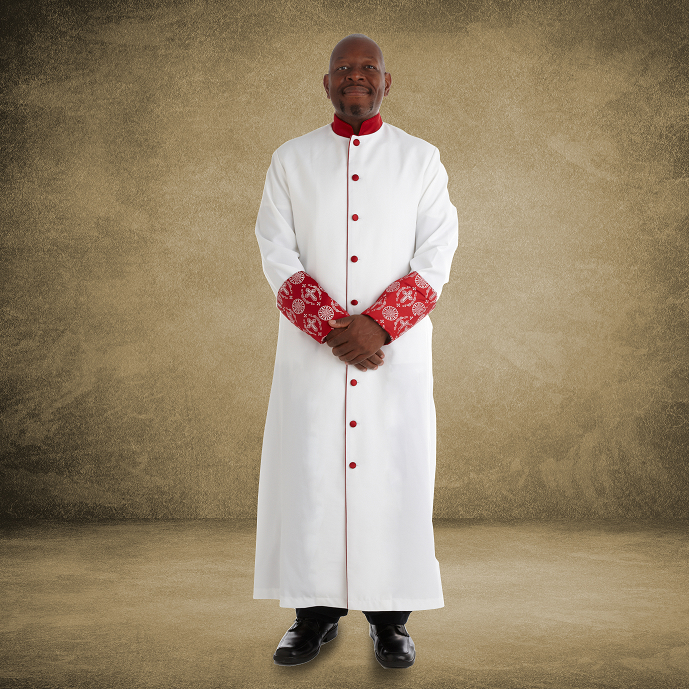 813 M. Men's Premium Pastor/Clergy Robe - White/Red with Fancy Pleats
