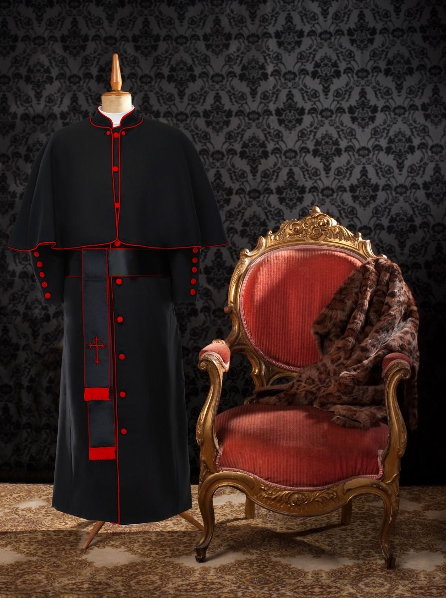 Men's Black/Red Clergy Robe Cassock, Black/Red Cincture Belt Suit Avenue