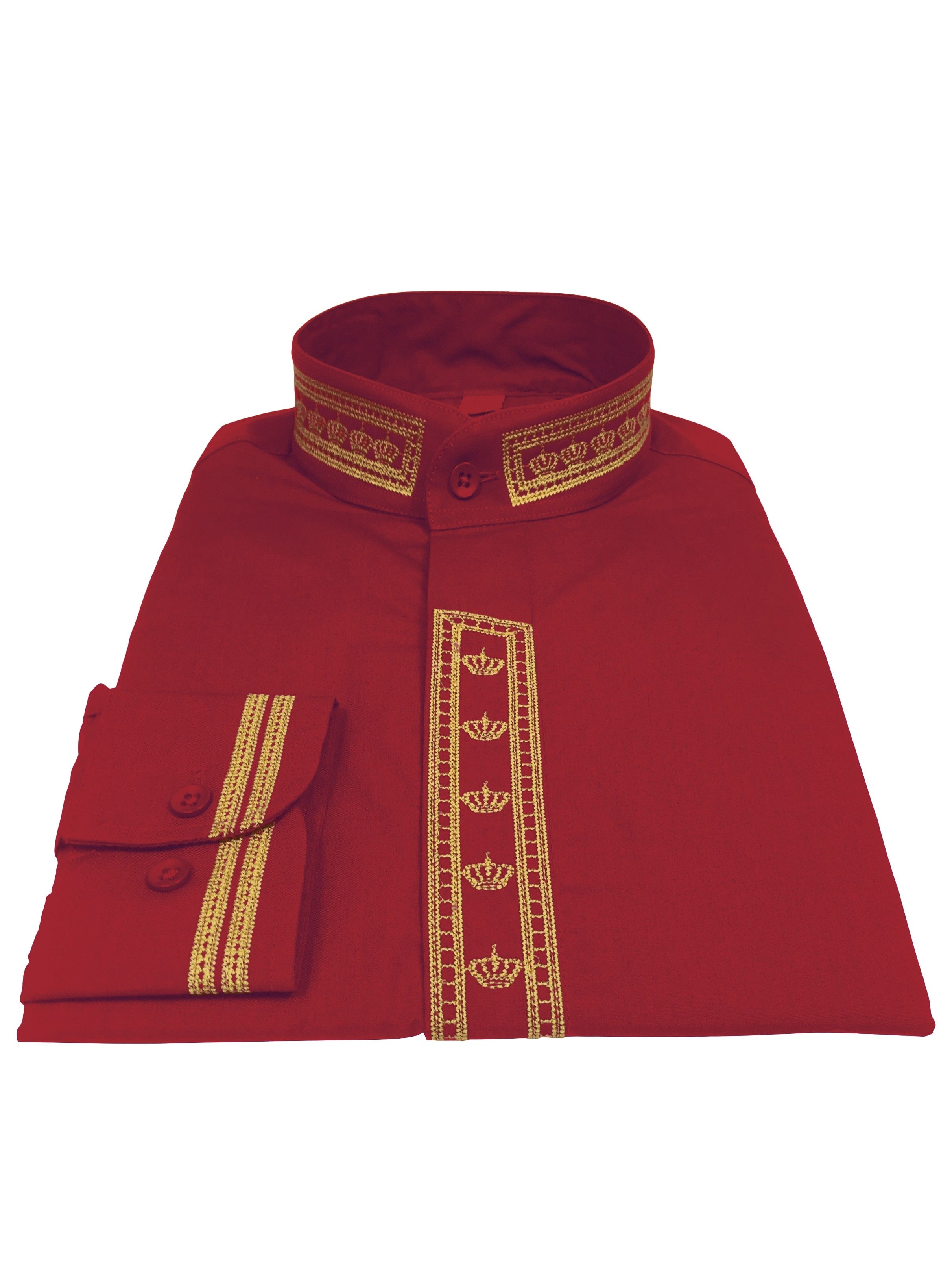 348. Men's Clergy Shirt With Rejoice Crown Fine Embroidery Long Sleeves- Red/Gold