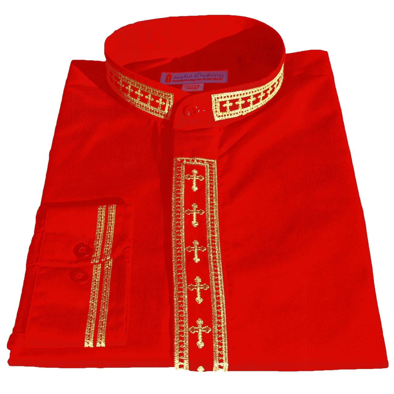 319. Men's Long-Sleeve Clergy Shirt With Fine Embroidery - Red/Gold