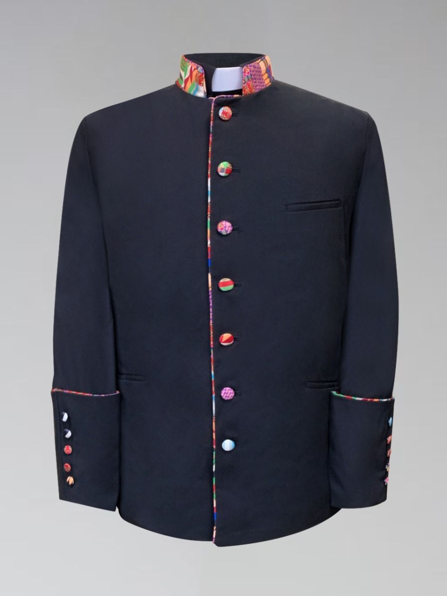 Men's Clergy Frock Jacket Black with African Kwangali Cloth