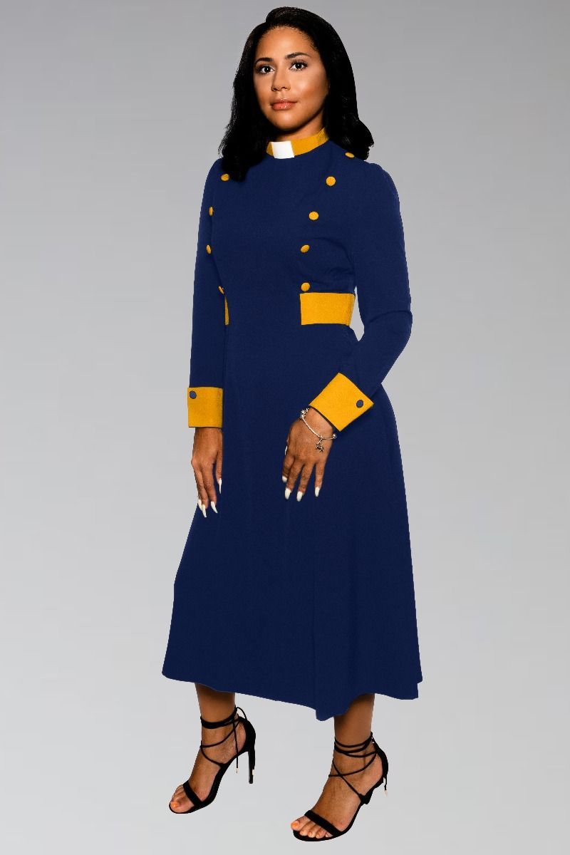 Women's Clergy Dress Navy Blue with Gold Designer Buttons