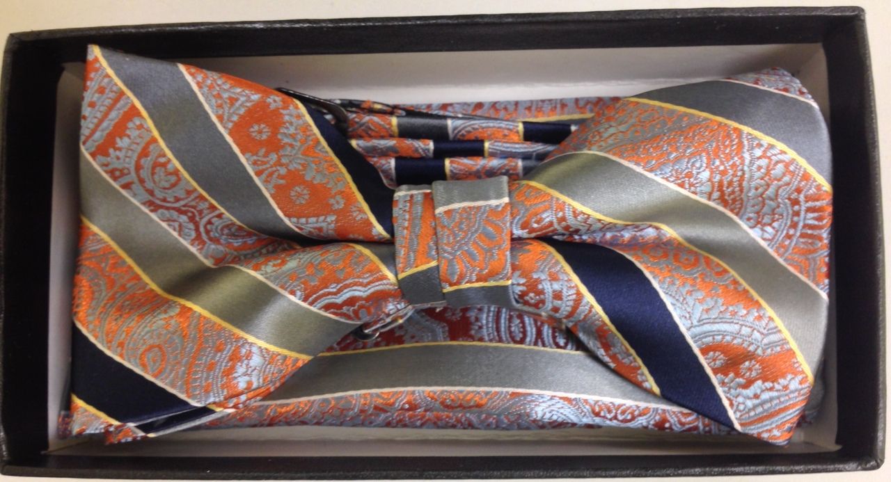Men's Striped AND Paisley Bow Tie - Orange and Navy