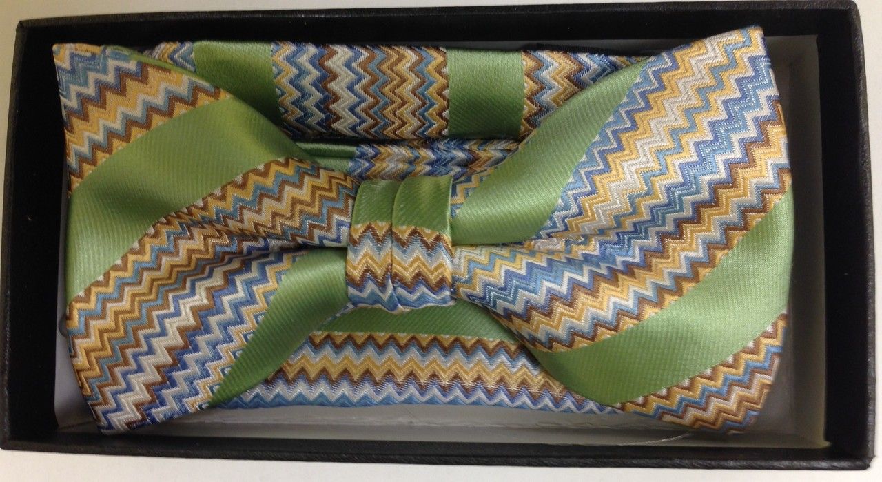 Men's Designer Unique Striped Bow Tie + Hanky - Martini Green and Gold