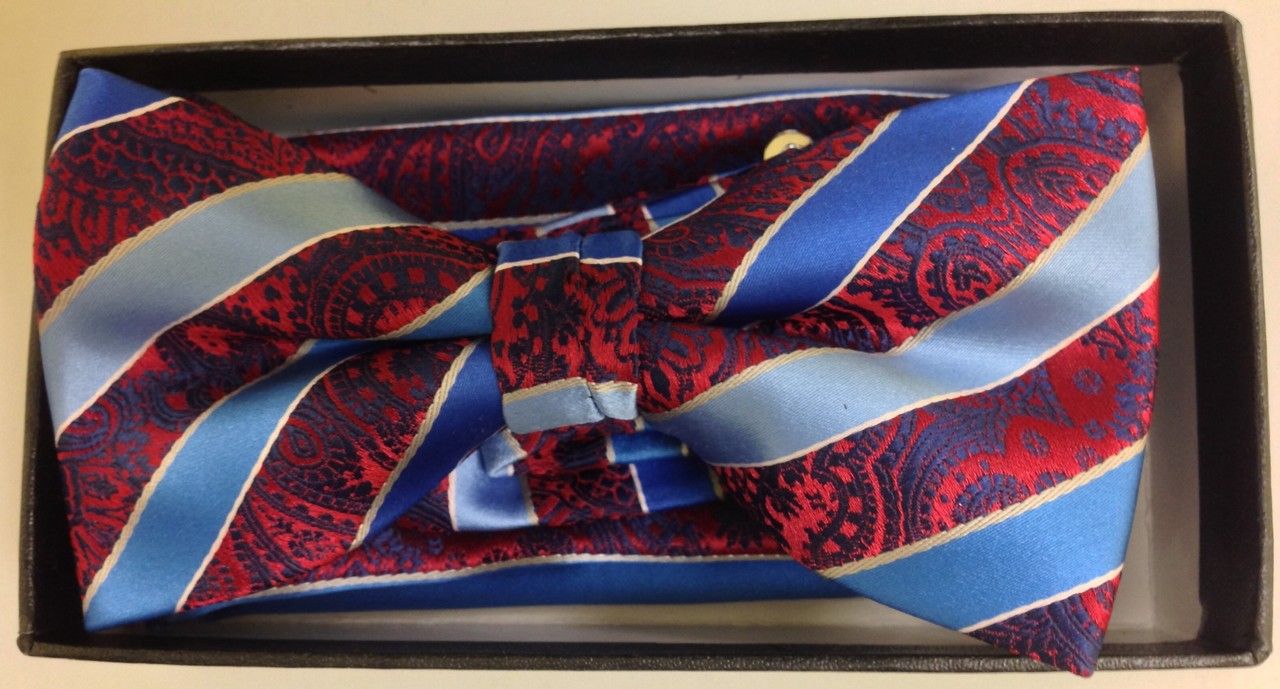 Men's Striped AND Paisley Bow Tie - Wine Red and Blue