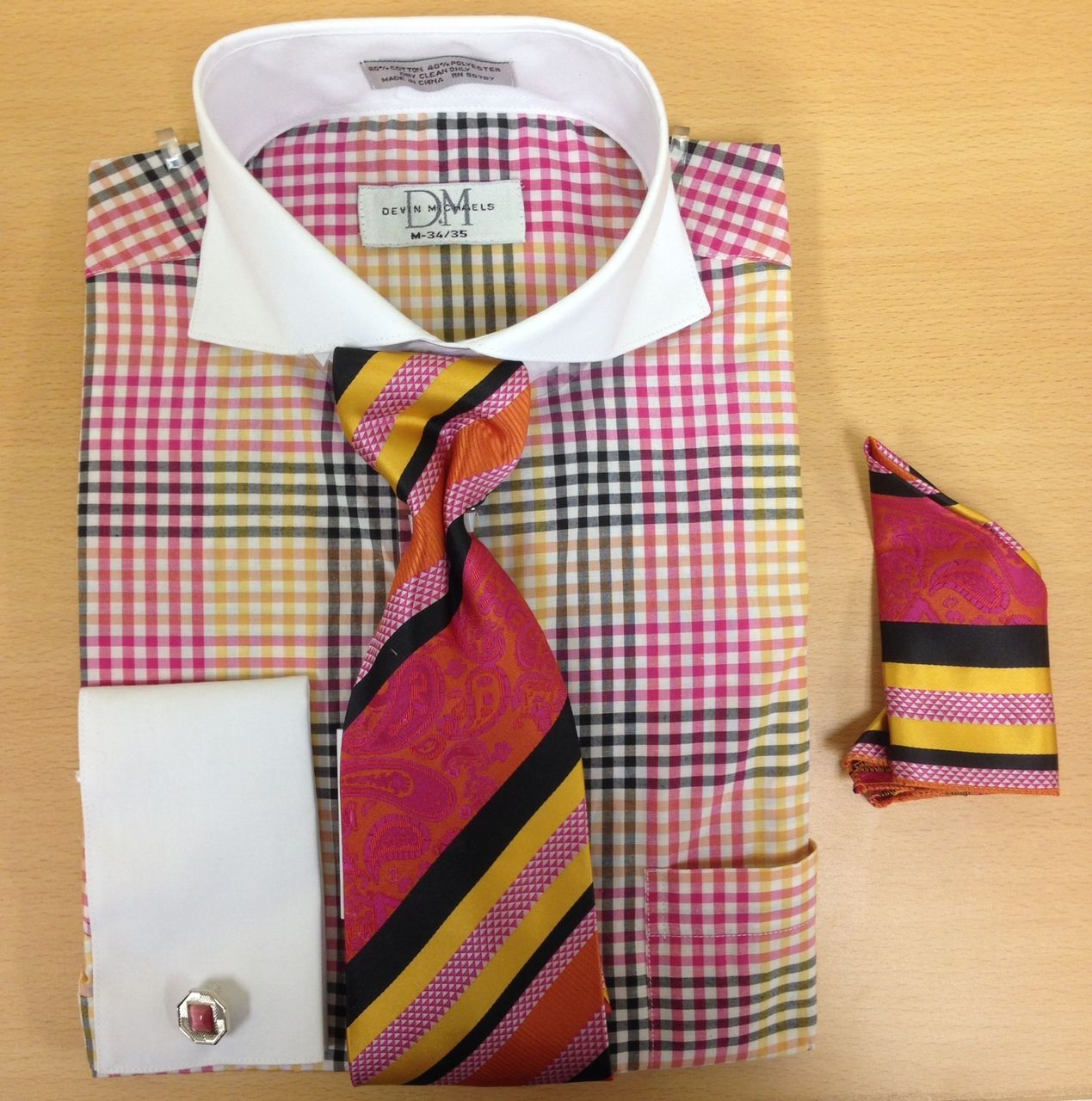 Men's Fashion Three-Tone Gingham Pattern Cufflink Dress Shirt Set - Pink/Yellow/Black