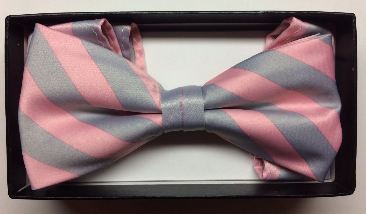 Men's Diagonal Striped Bow Tie + Hanky - Silver & Pink