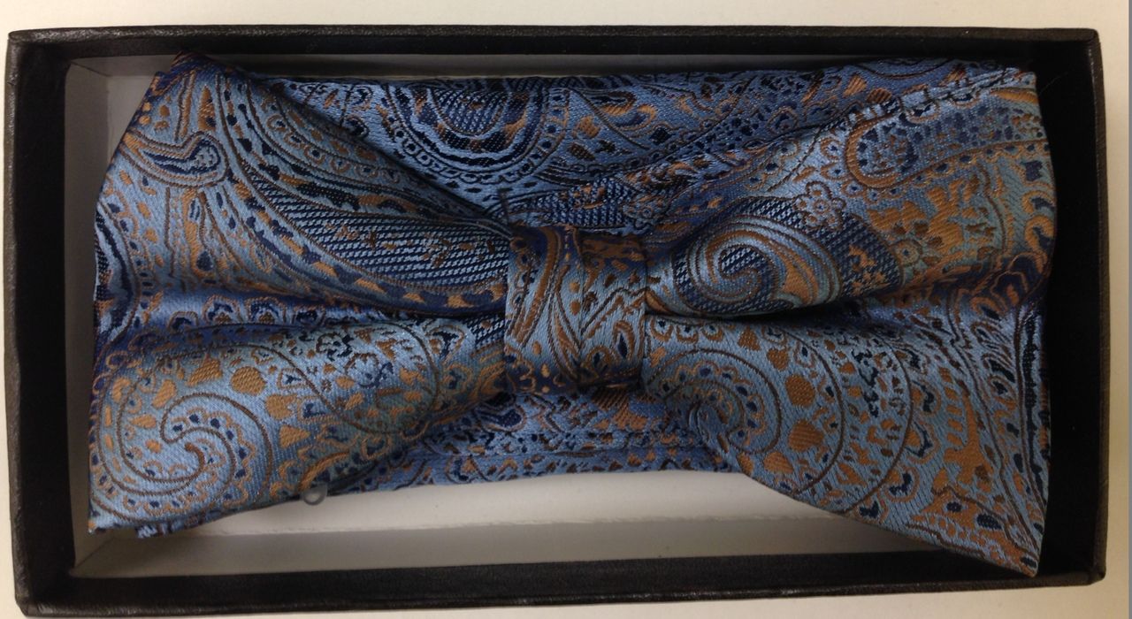 Men's Extravagant Paisley Pattern Bow Tie + Hanky - Midnight Blue & Brown