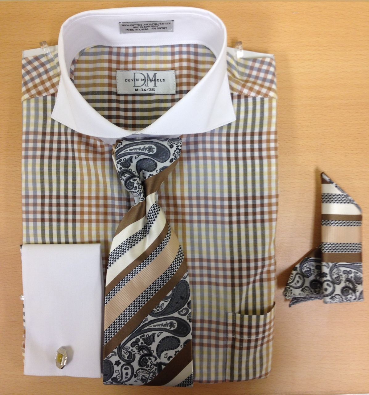 Men's Fashion Three-Tone Gingham Pattern Cufflink Dress Shirt Set - Brown/Silver/Tan