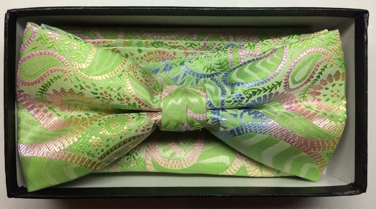 Men's Fashion Paisley Bow Tie + Hanky - Lime Green & Pink