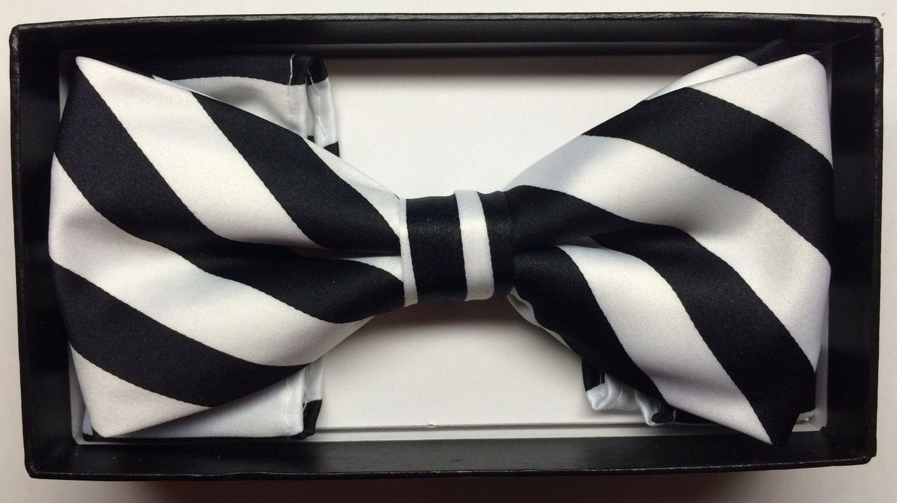 Men's Diagonal Striped Bow Tie + Hanky - White & Black