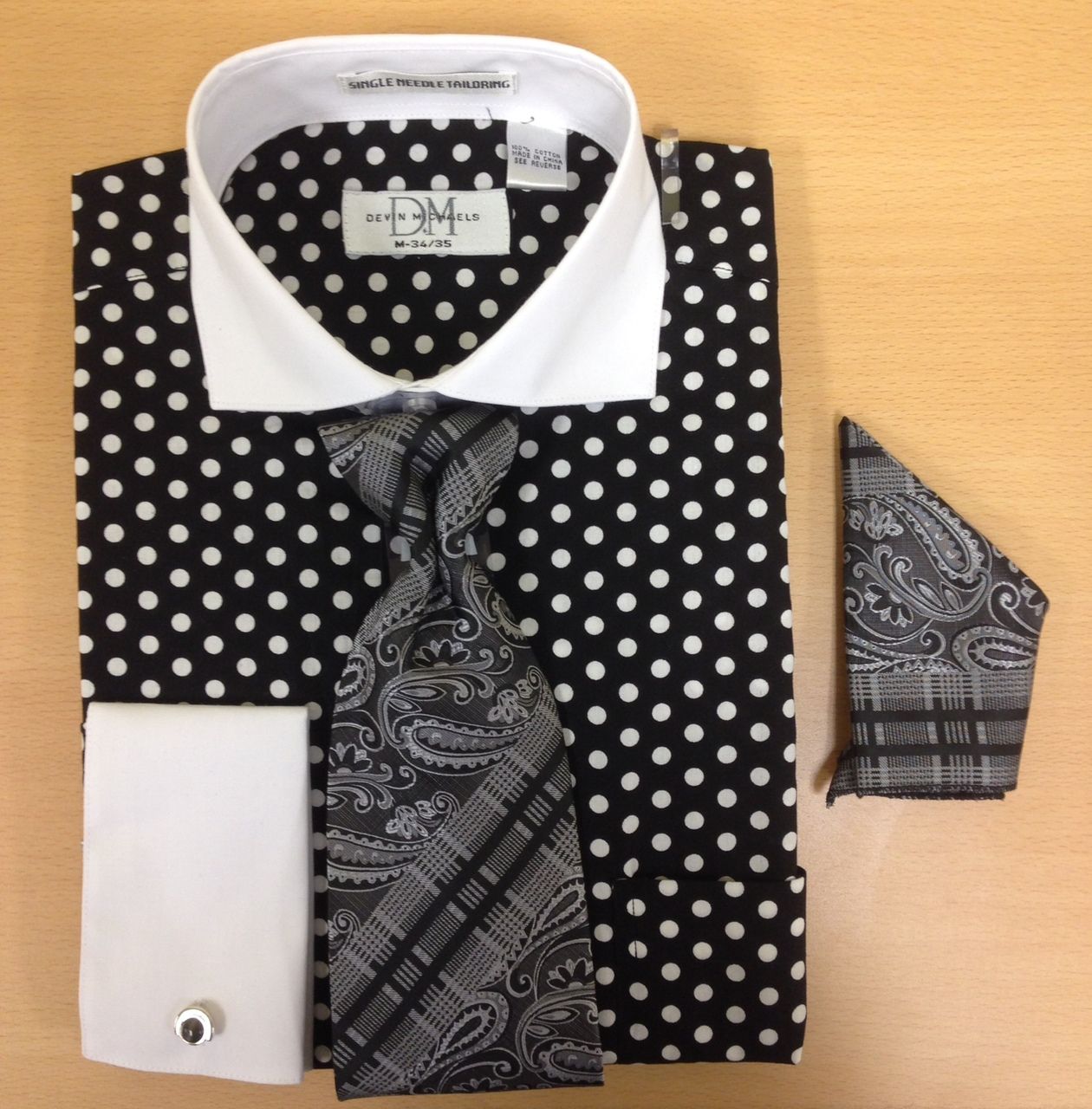Men's Fashion Polka Dot Pattern Cufflink Dress Shirt Set - Black and White