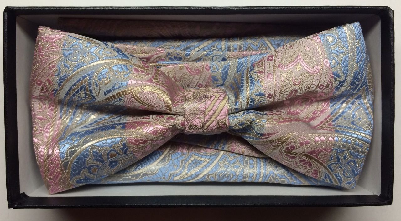 Men's Two-Tone Fashion Paisley Bow Tie + Hanky - Baby Blue & Pink
