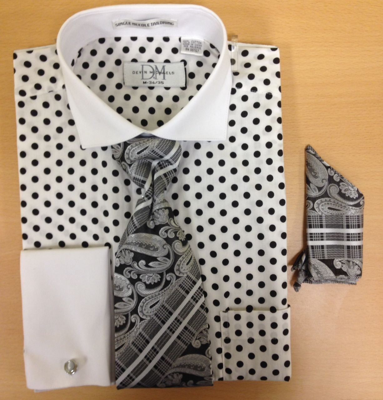 Men's Fashion Polka Dot Pattern Cufflink Dress Shirt Set - White and Black