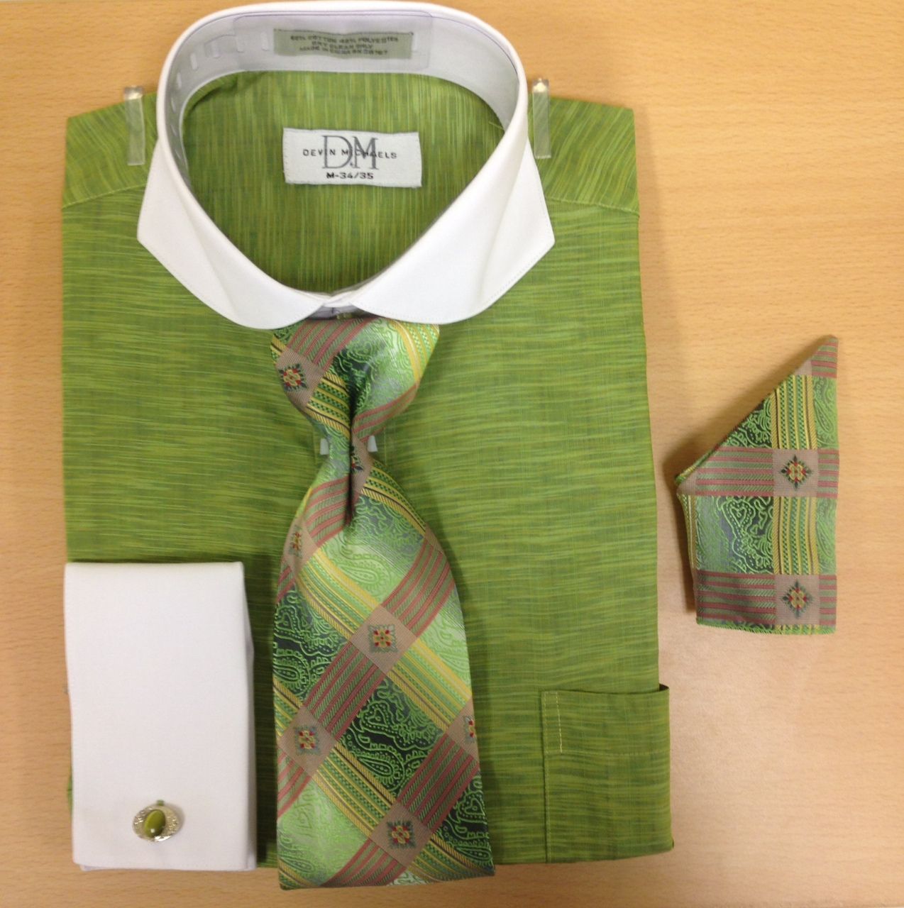 Men's Fashion Light Zigzag Pattern Cufflink Dress Shirt Set - Mint Green