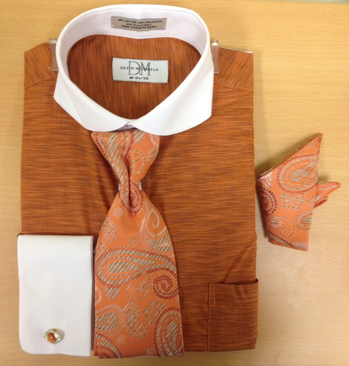 Men's Fashion Light Zigzag Pattern Cufflink Dress Shirt Set - Orange/Cognac
