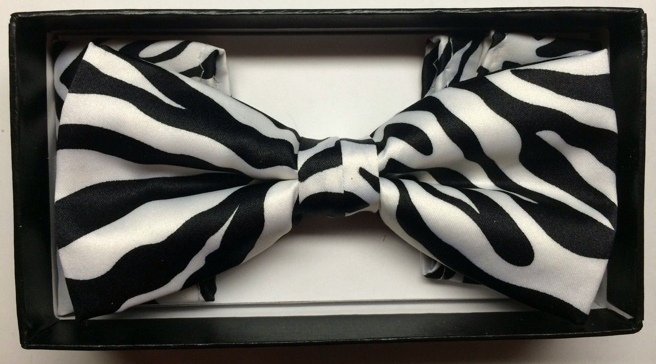 Men's Exotic Zebra Print Bow Tie + Hanky - White/Black