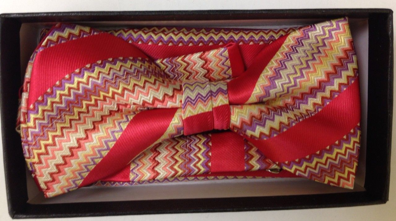 Men's Designer Unique Striped Bow Tie + Hanky - Crimson Red and Gold