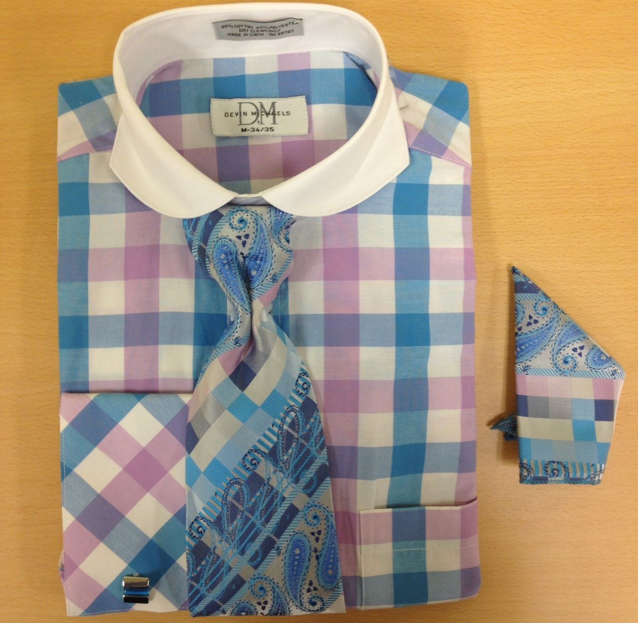 Men's Fashion Large Checked Squares Cufflink Dress Shirt Set - Blue and Pink