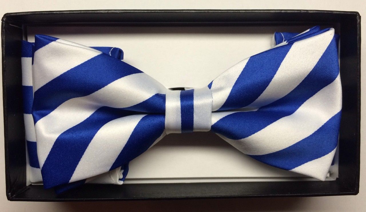 Men's Diagonal Striped Bow Tie + Hanky - White & Royal Blue
