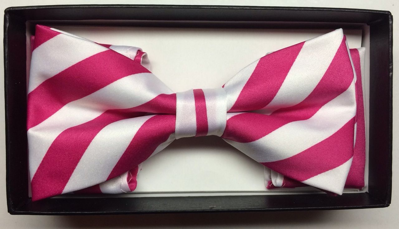 Men's Diagonal Striped Bow Tie + Hanky - White & Fuschia