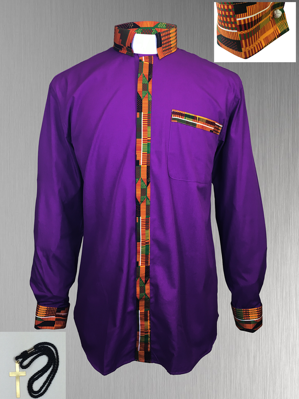 Purple Clergy Shirt with African Kente Cloth Fabric