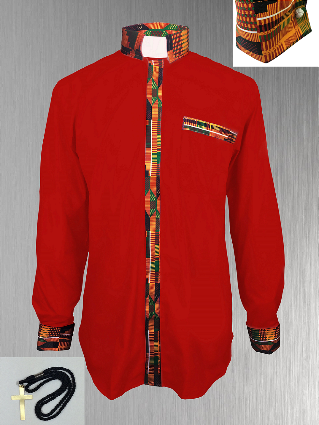 Red Clergy Shirt with African Kente Cloth Fabric