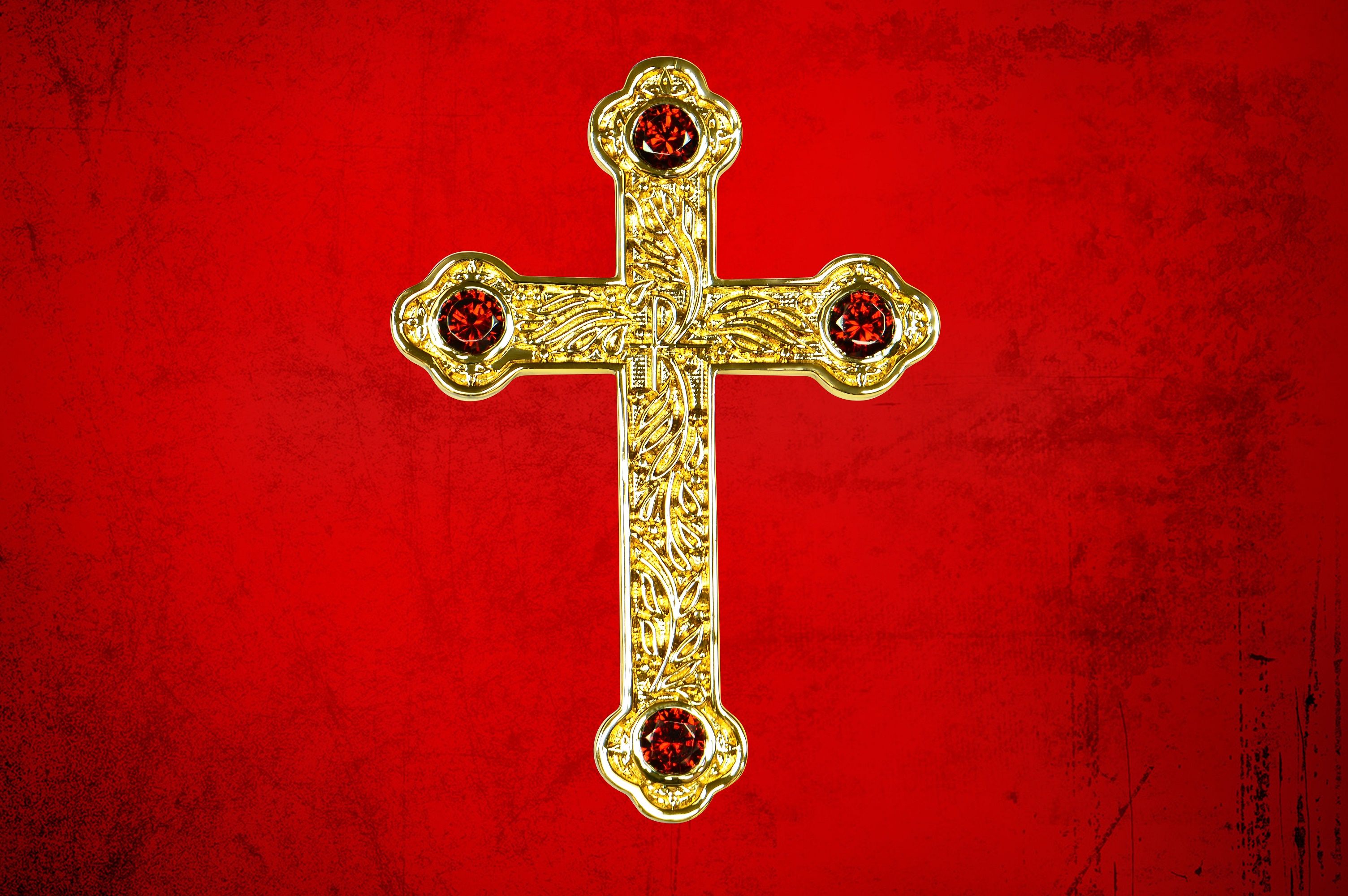 Gold Pectoral Apostle Cross with Red Stones
