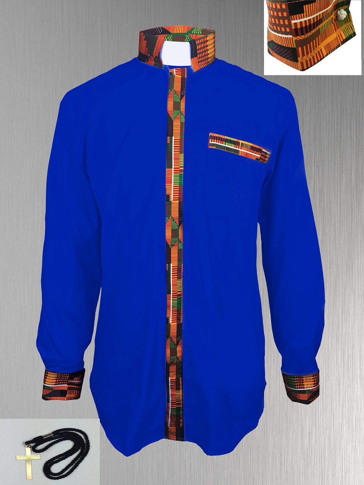 Royal Blue Clergy Shirt with Kente Cloth