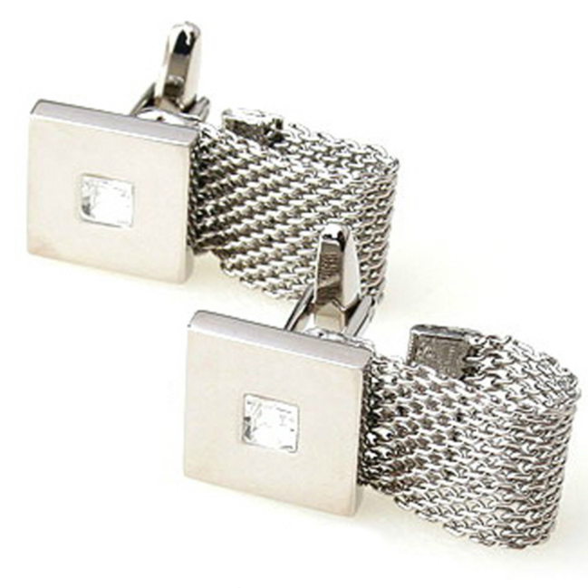 2 Pc. Chain Wrap-Around Square Cufflinks with a Crystal Stone - SILVER