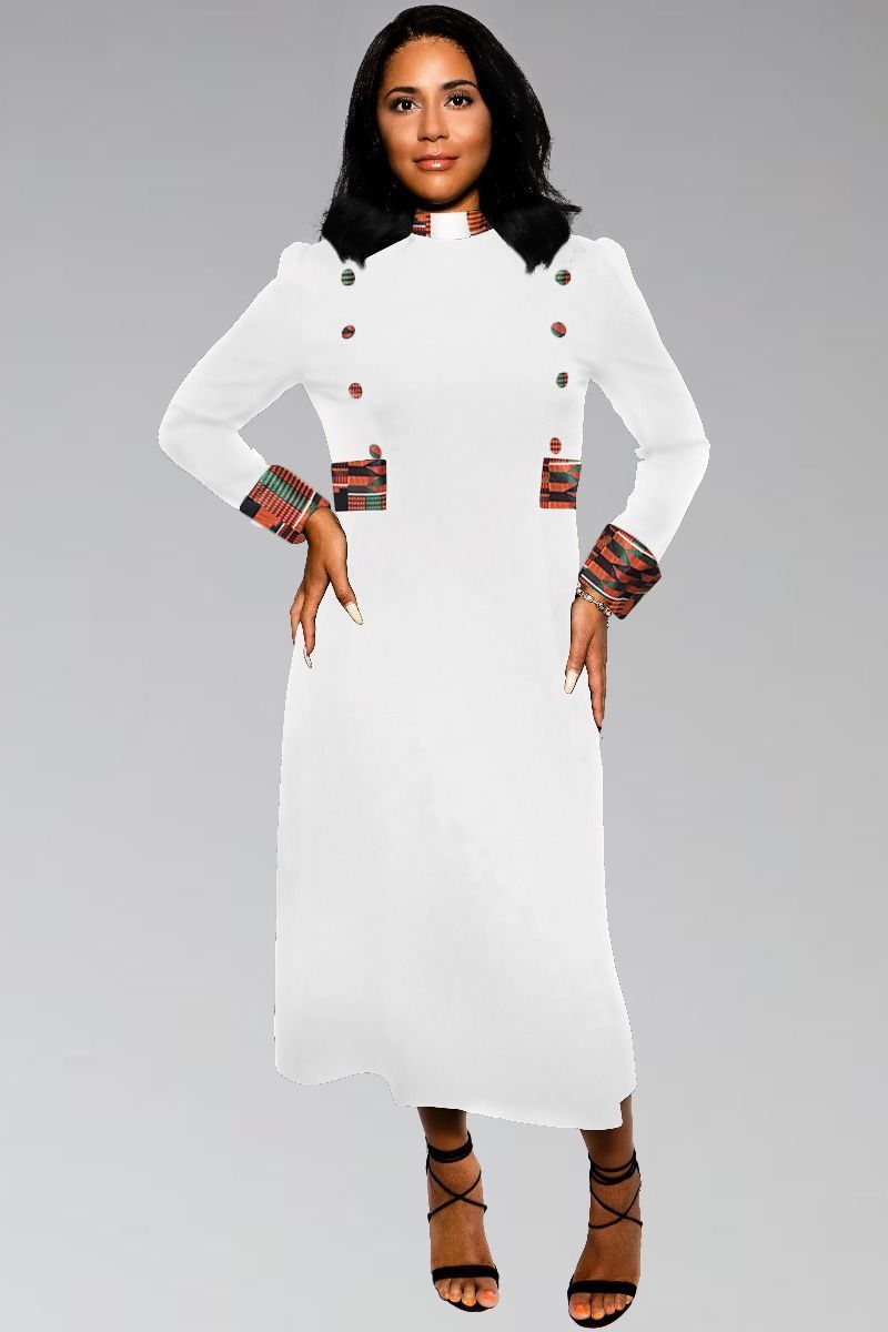 *Featured* Women's Clergy Dress WHITE with African Kente Contrast & Designer Buttons