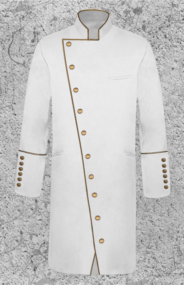 Men's Double Breasted Clergy Frock Jacket in White with Gold with Three Quarter Length