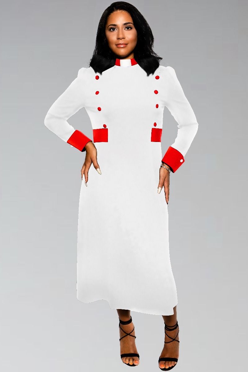 Women's Clergy Dress White with Red Designer Buttons