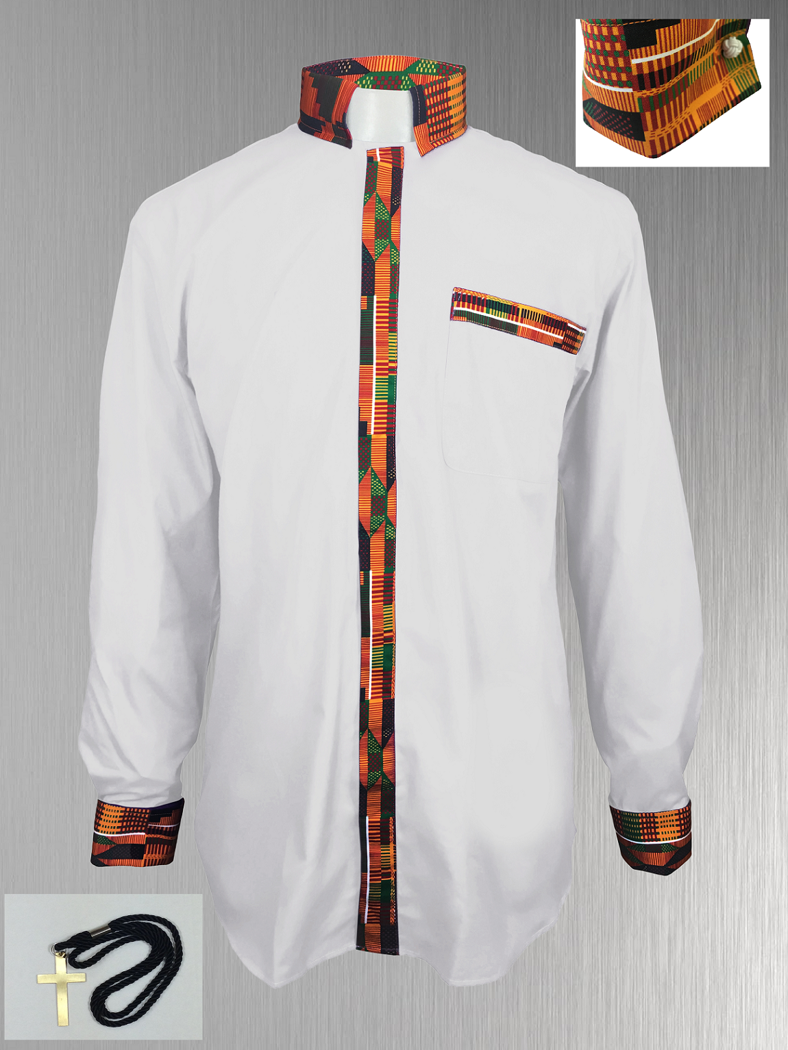 White Clergy Shirt with Kente Cloth Fabric