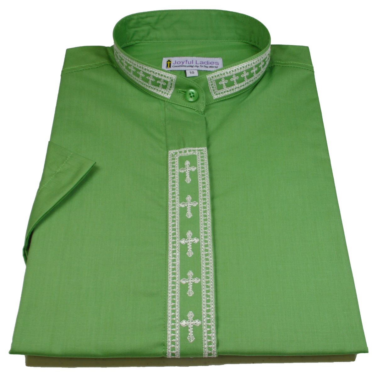 765. Women's Short-Sleeve Clergy Shirt With Fine Embroidery - Green/Creme