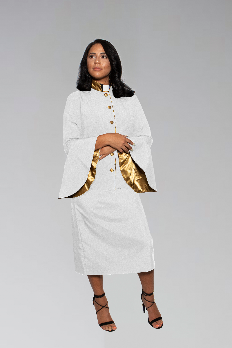 Ladies White and Gold Clergy Suit with flared sleeves