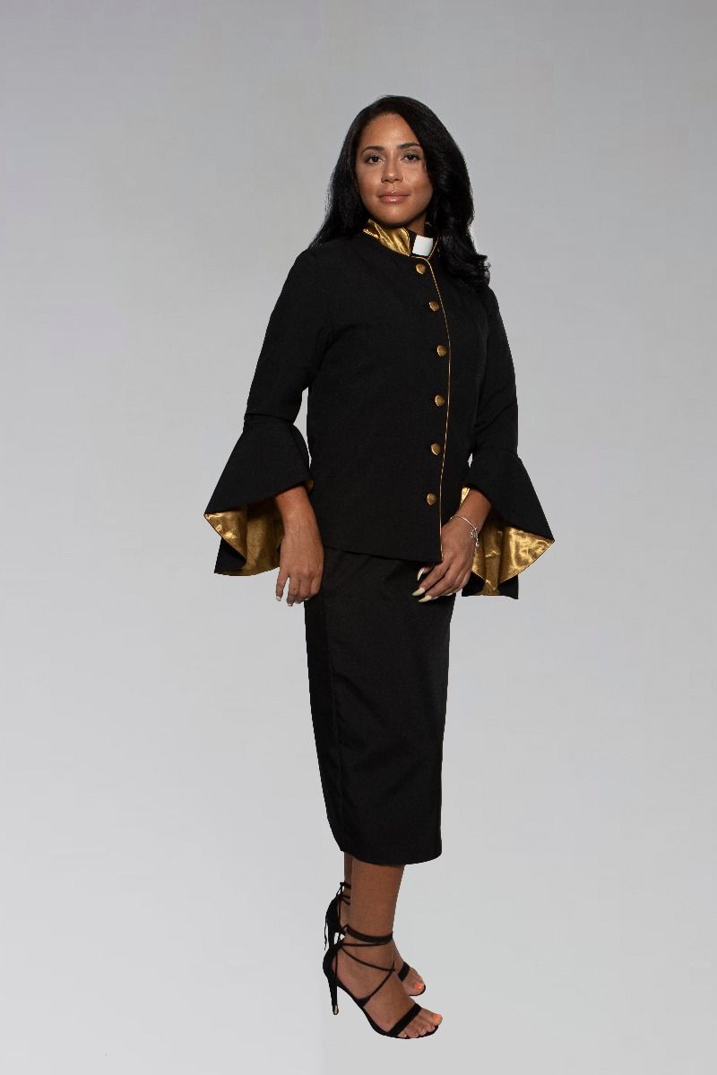 Women's Clergy Suit in Black and Gold with Flared Sleeves