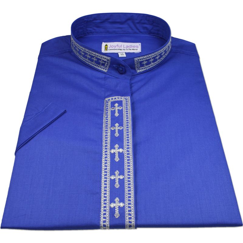 764. Women's Short-Sleeve Clergy Shirt With Fine Embroidery - Royal/Silver